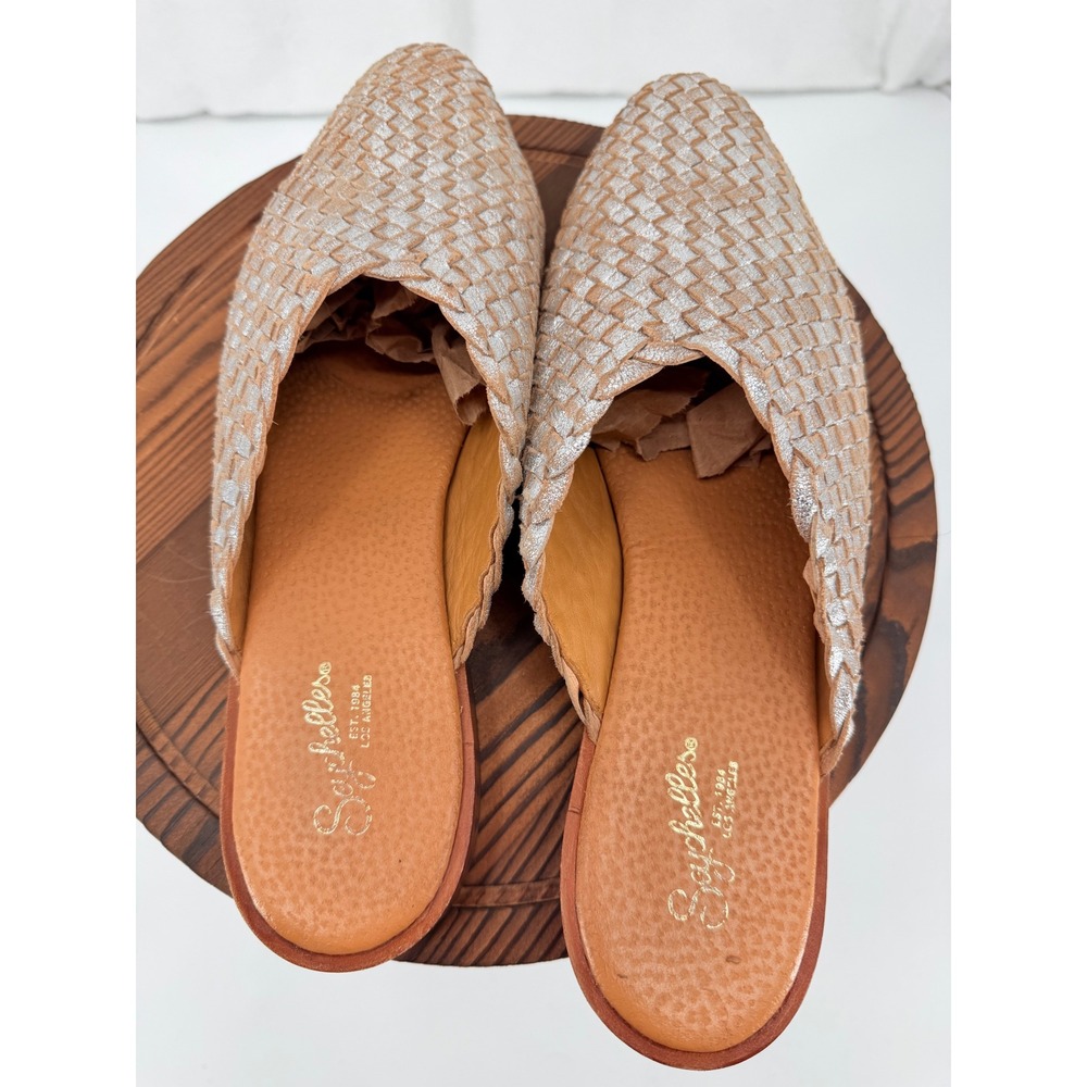 Seychelles Woven Leather Mules Silver Metallic Pointed Toe Flat Slides Size 8